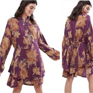 Free People Shake It Floral Print Dress Swing Long Sleeve Berry Combo XS
